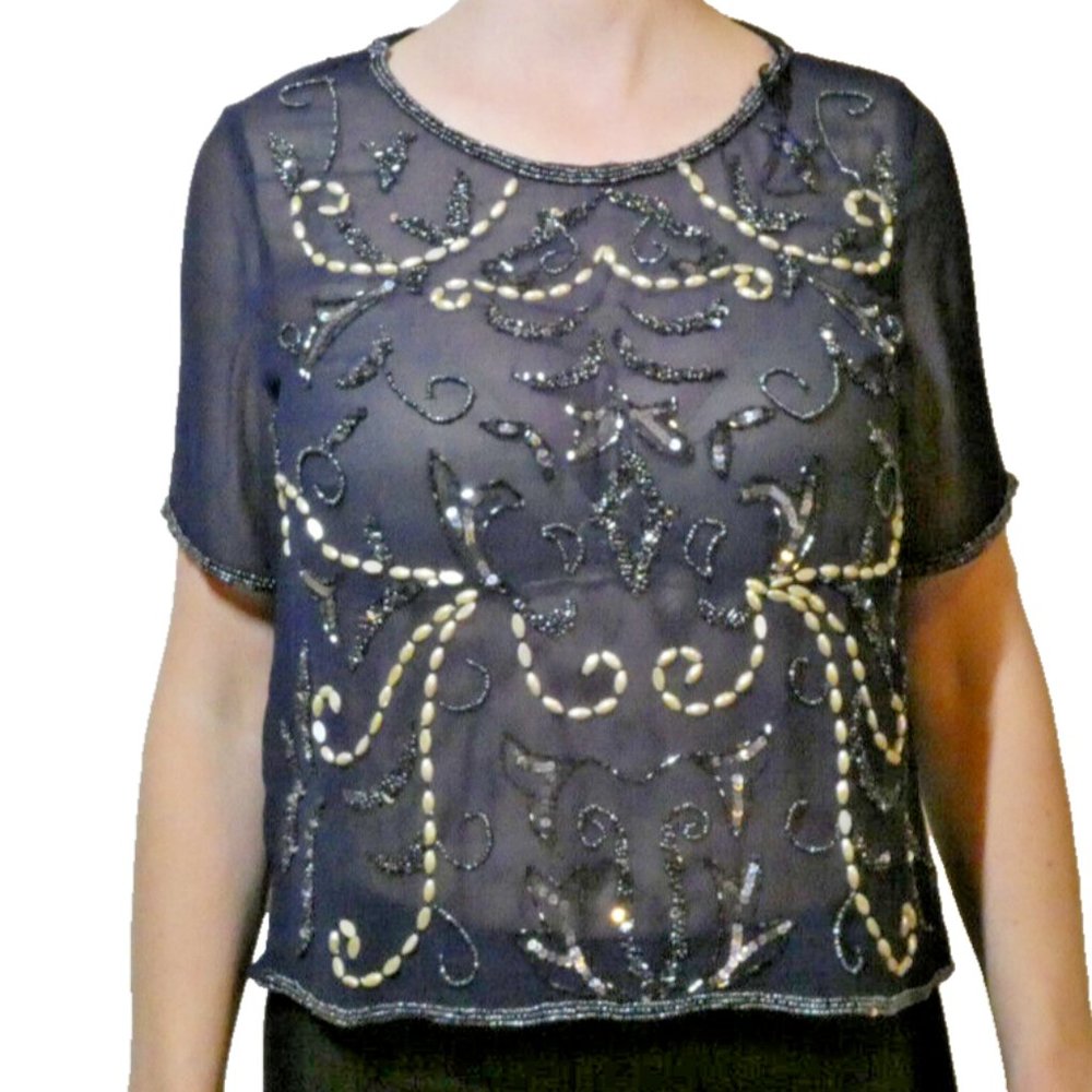 Navy Chiffon Blouse Beaded Top Sheer Dinner Dance Cocktail Party UK 10 = US 6